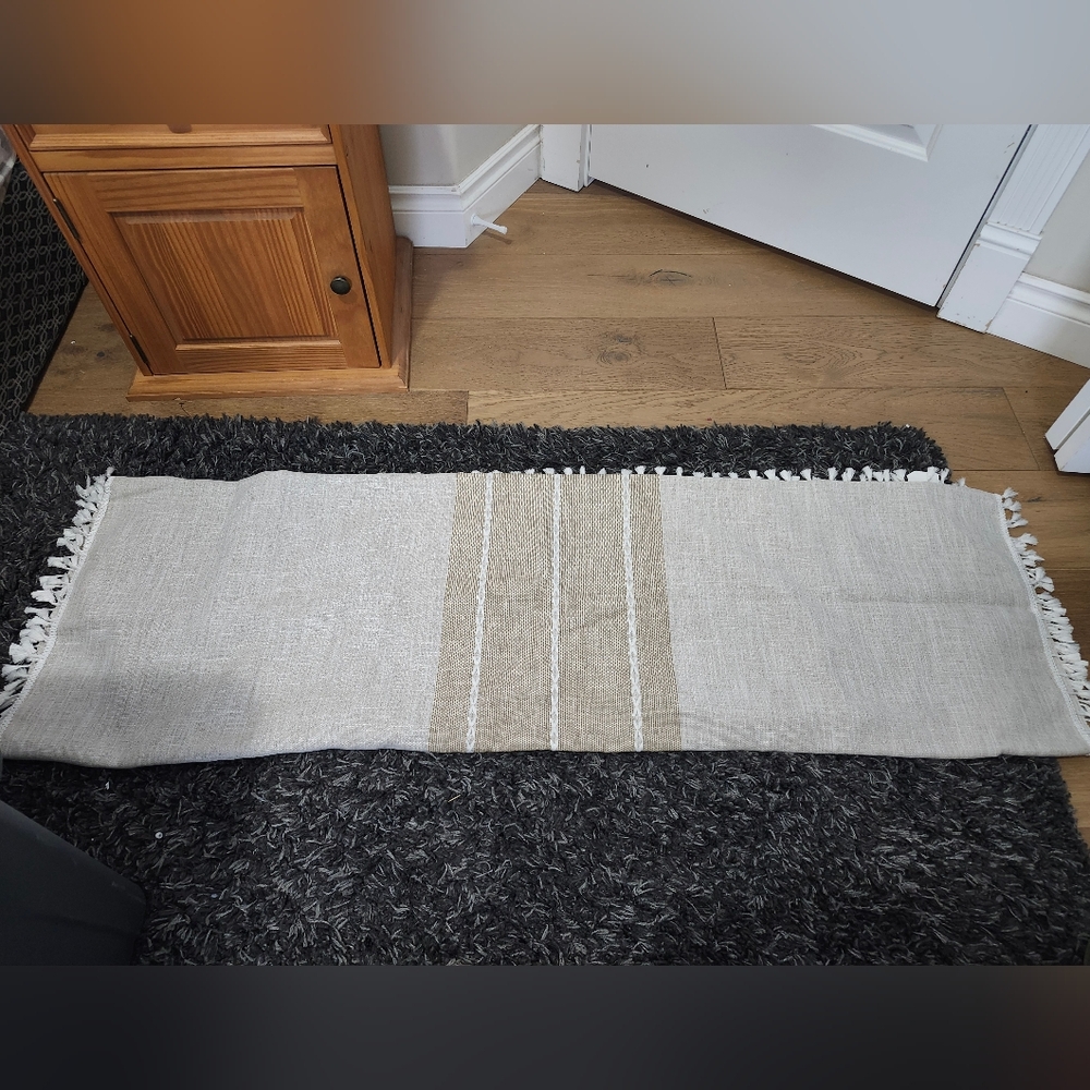 Beige and White Fringed Table Cloth